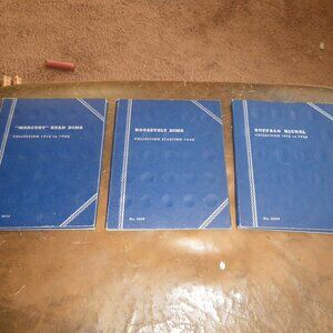 3 Vintage Whitman Coin Folders Mercury & Roosevelt Dimes & Buffalo Nickle